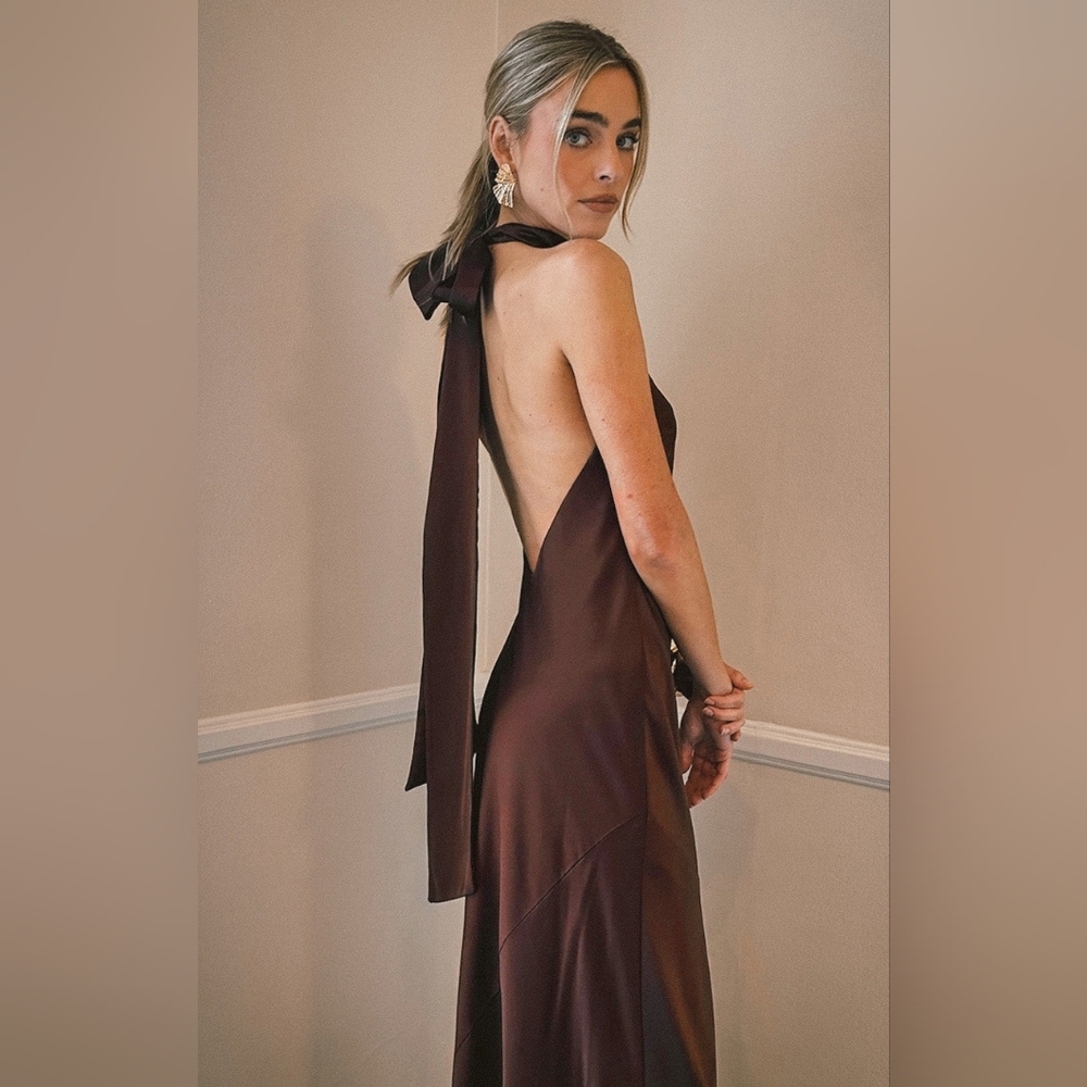 Show Me Your MUMU Lisa Maxi Dress XS Chocolate Luxe Satin Wedding Party Prom - Picture 3 of 11
